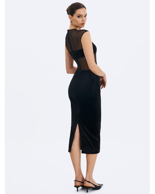 Miss Circle New York Black Quielle Mesh & Velvet Midi Bodycon Dress