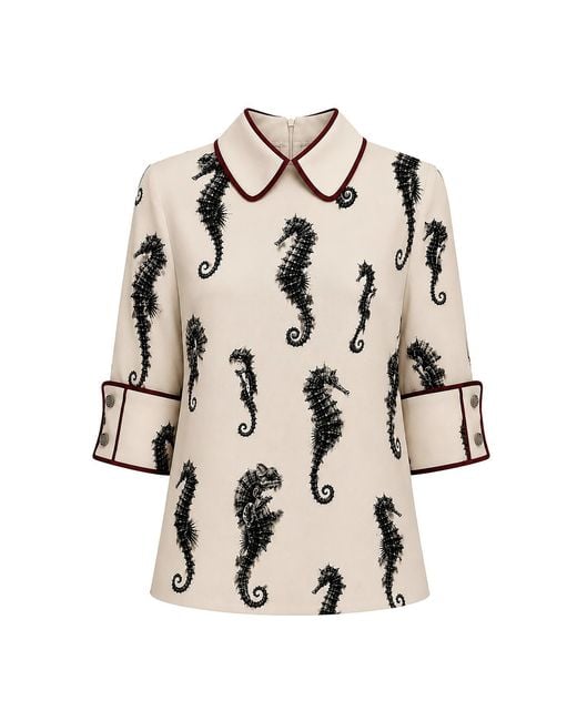 Julia Allert Natural Neutrals Ivory Seahorse Print Blouse With Cuffs – Capsule Edition