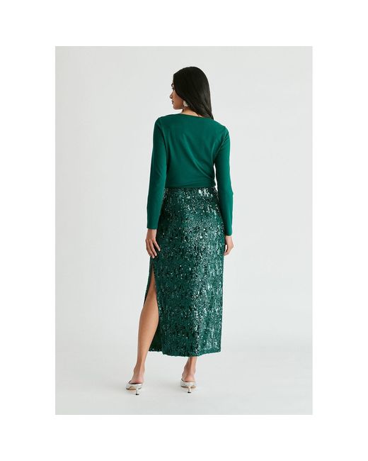 Paisie Green Sequin Midi Skirt With Side Slit