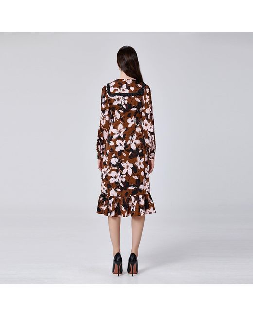 Smart and Joy Brown Ruffle Collar Macro Flower Print Dress
