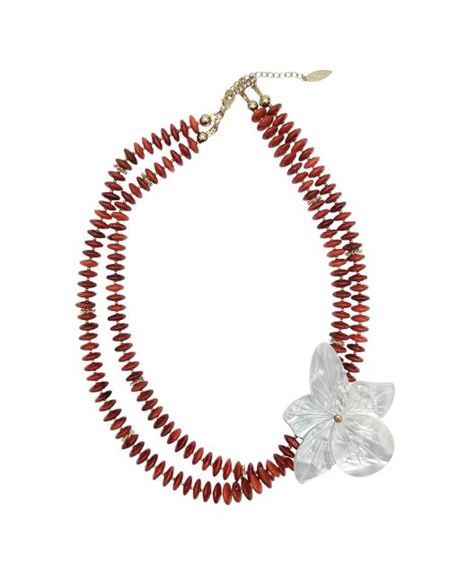 Farra Red Elegant Bamboo Coral With Flower Shell Double Layers Necklace