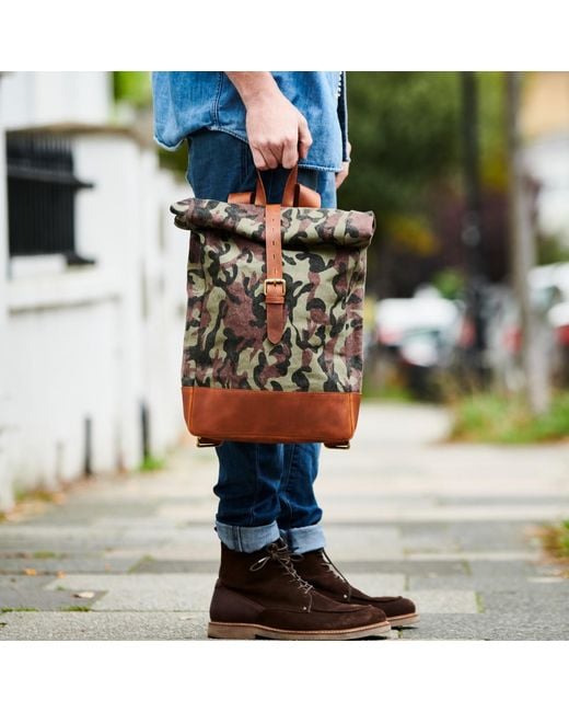 VIDA VIDA Green Camo Canvas And Leather Roll Top Backpack