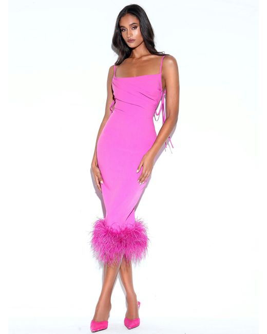 Miss Circle New York Pink Fiona Fuchsia Feather Trim Bottom Maxi Dress