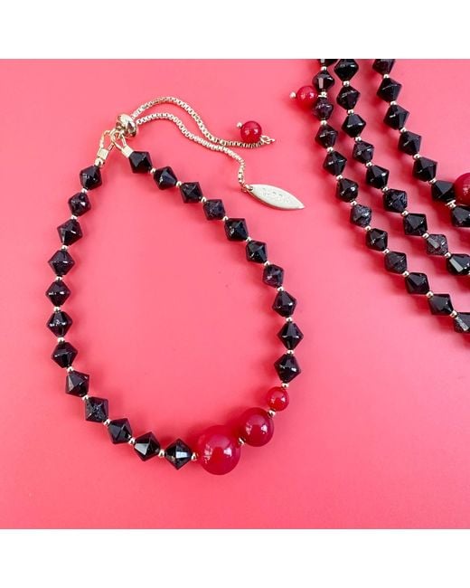Farra Metallic Natural Garnet With Red Coral Adjustable Bracelet