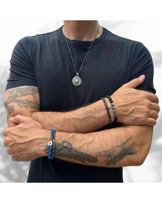 Ebru Jewelry Blue Good Vibes Spiritual Beaded Sterling Cross Bracelet Set for men