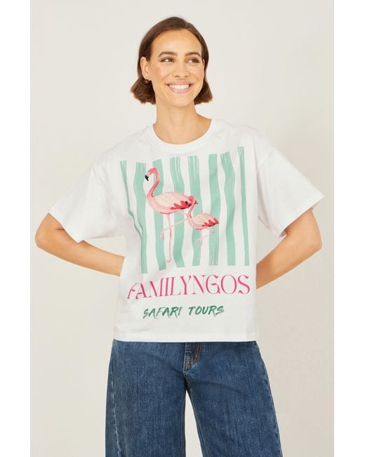 Yumi' White Retro Relaxed Flamingo Cotton T Shirt