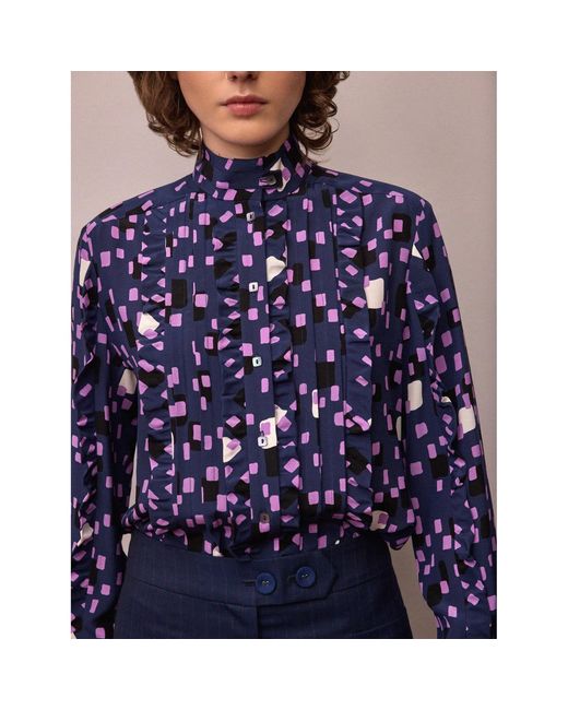 Amanda Thompson Couture Blue Frankie Shirt Abstract Print Silk