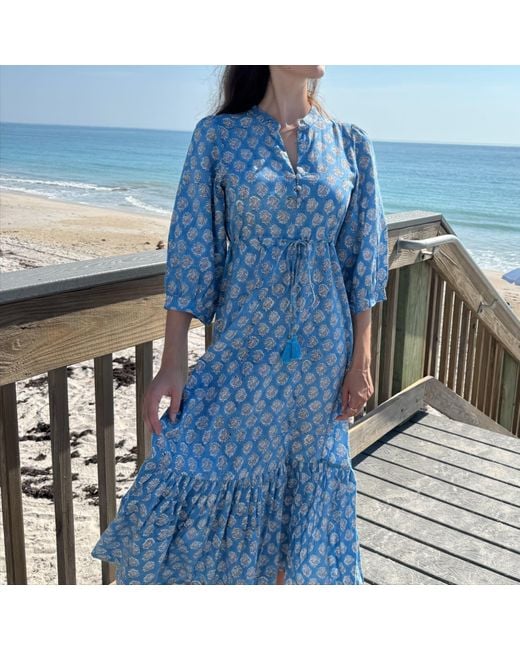 Pick Happy Blue Mermaid Maxi Dress Botanical Azure Handblock Cotton