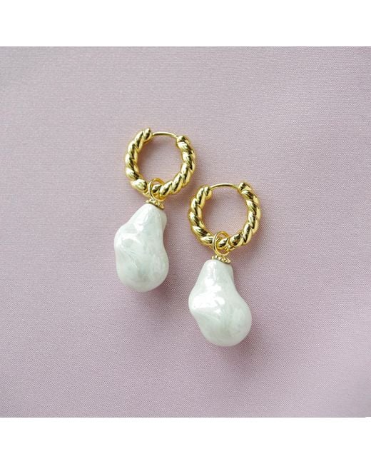 POPORCELAIN Metallic Porcelain Baroque Pearl Hoop Earrings