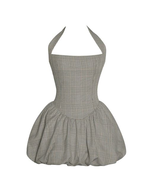 Miss Circle New York Gray Neutrals Dacia Plaid Halter Lace-Up Bubble Mini Dress