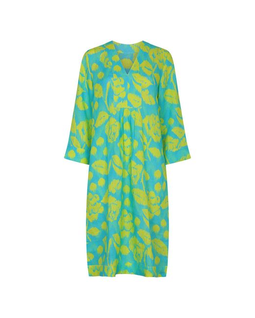 NoLoGo-chic Green Ikat Rose Picot Midi Dress Linen Lime