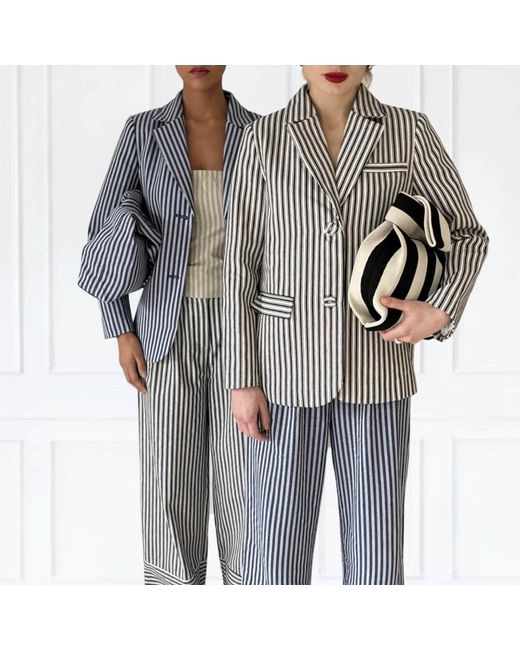 London Atelier Byproduct Gray Striped Blazer Trousers Corset And Tote Bag Four Piece Set