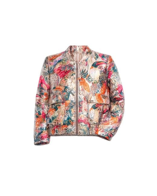 Tantra Spain Sl Printed Brocade Jacket With Gathered Waist, Clip Closure, And Front Flap Pockets
