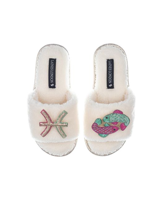 Laines London White Teddy Towelling Slipper Sliders With Pisces Zodiac Brooches