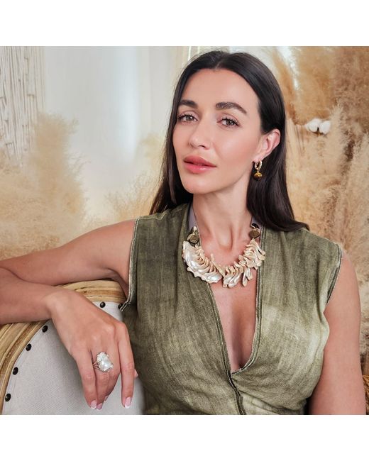 Farra Metallic Giant Shell Pendant With Silk Ribbon Statement Necklace