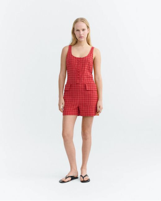 Thinking Mu Red Maud Seersucker Jumpsuit