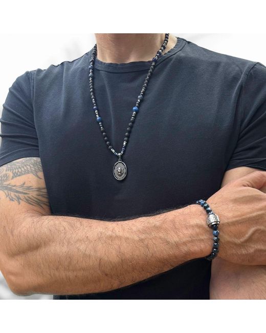Ebru Jewelry Metallic Powerful Silver Black Lion Necklace for men