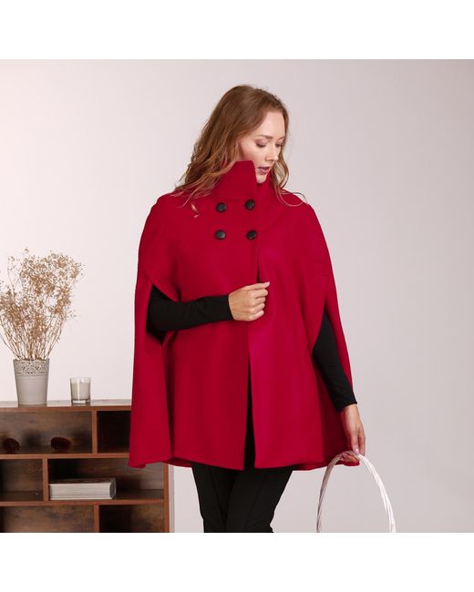 Nikka Place Red Wool Poncho Cloak Coat With Buttons & High Neck