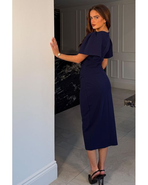 Girl In Mind Blue Freya Puff Sleeve Wrap Neck Ruched Midi