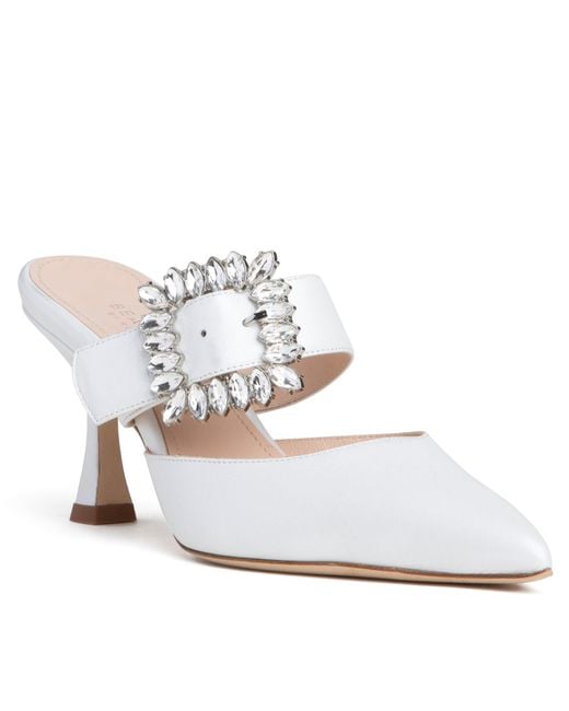Beautiisoles by Robyn Shreiber Made in Italy White Georgina Pearlized Leather Mule Elegant & Sexy With Jewels Wedding Bridal For Evening Wear