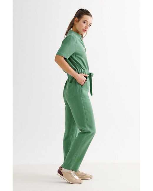Louche Green Justin Linen Mix Short Sleeve Jumpsuit