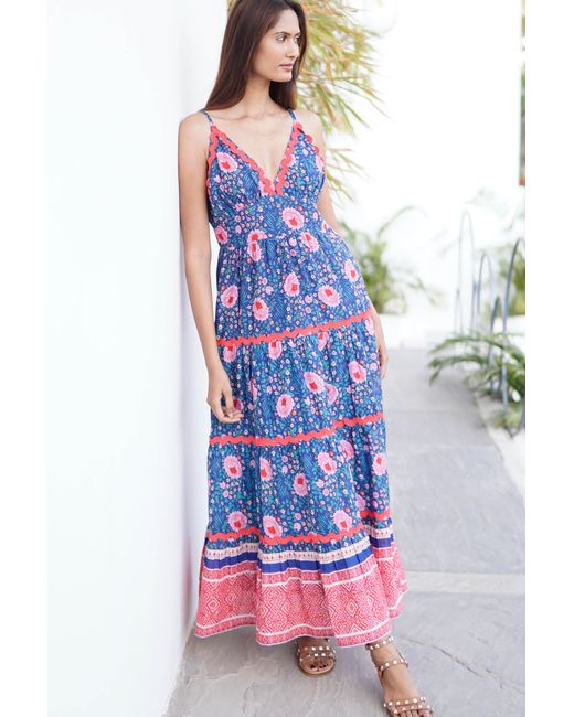 La Mandarine Blue Summer Maxi Dress With Pockets. Block Print Cotton Summer Maxi Dress Beatriz