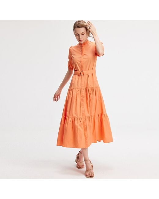 Smart and Joy Orange Cotton Shirt Dress With Added Belt