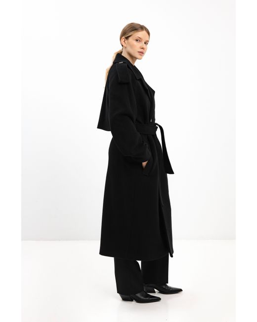 InAvati Black Long Double-Breasted Wool Coat