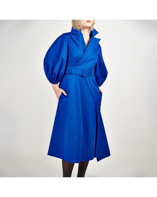 Femponiq Blue 'Wide Lapel Asymmetric Belted Midi Cotton Dress