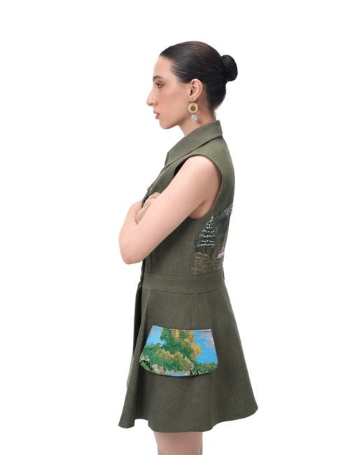 Rondooz Green Hand Painted Denim Mini Dress With Antique French Gobelin Tapestry & Hand Applied Embellishmen