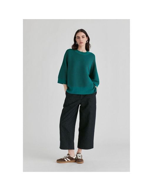 Paisie Green Mock Neck Cropped Sleeve Ribbed Jumper