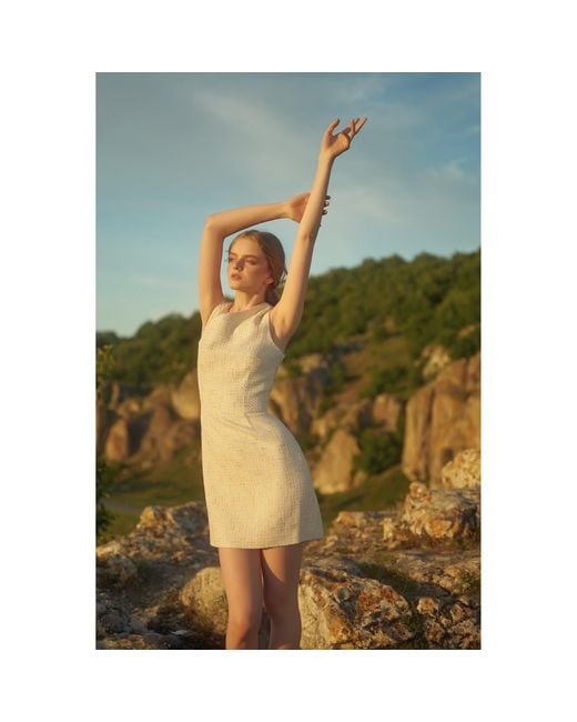AVENUE No.29 Natural Asymmetric Neckline Boucle Mini Dress