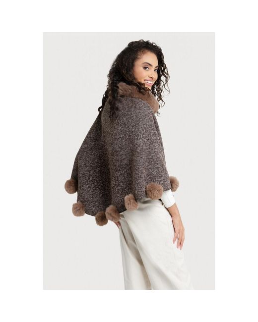 Saachi Brown Faux Fur Burly Wood Poncho Pom Pom