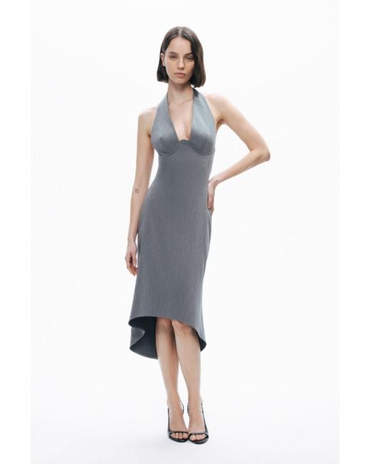 Nocturne Gray Anthracite Tie Neck Asymmetrical Midi Dress