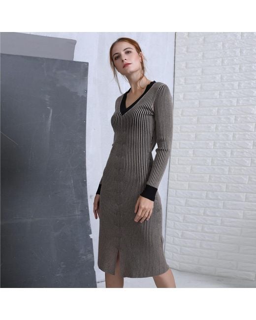 Smart and Joy Brown Bi Color V Neck Jumper Dress