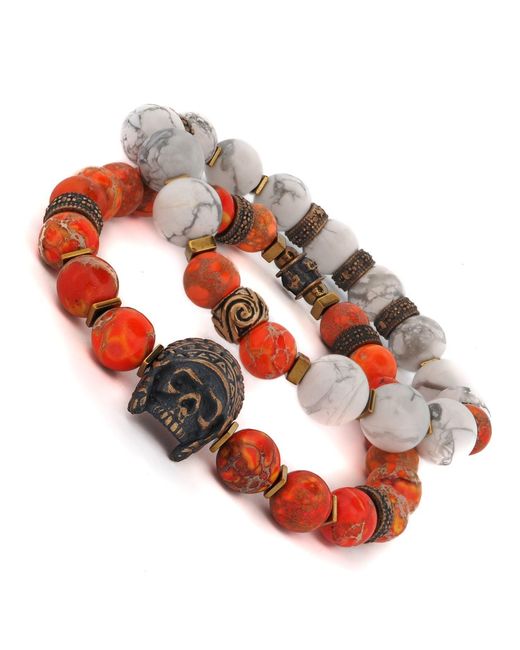 Ebru Jewelry Red Warrior Soul Bronze Indian Chief & Jasper Beaded Bracelet Set for men