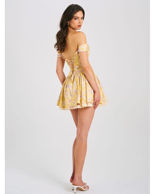 Miss Circle New York Yellow Oana Floral Print Linen Collared Off Shoulder Mini Dress