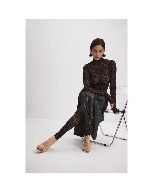 Monosuit Black Premium Italian Textile Floral Lace Long Sleeve Turtleneck Full Bodysuit