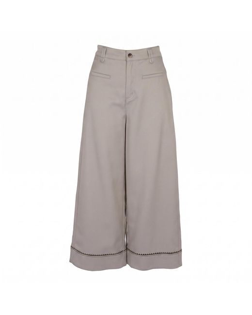 Modenaire Gray Neutrals High Waist Wide Leg Pants With Embroidered Hem And Patch Pockets