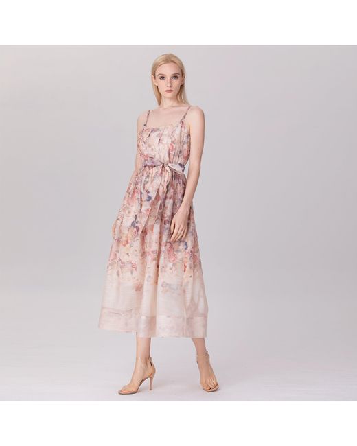 Smart and Joy Pink Neutrals Flower Print Organza Strappy Dress