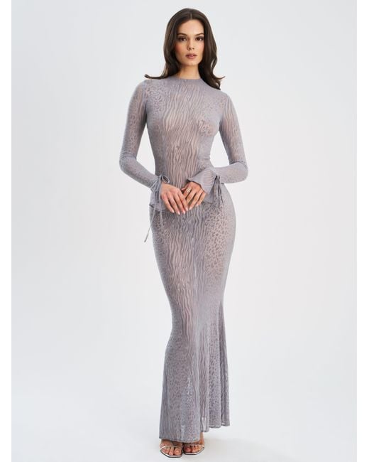 Miss Circle New York Gray Waylynn Animal Print Burnout Velvet Detail Mesh Backless Maxi Dress