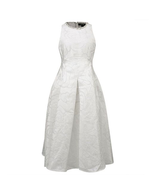 Smart and Joy White Fit-And-Flare Collar Trim Textured Jacquard Dress