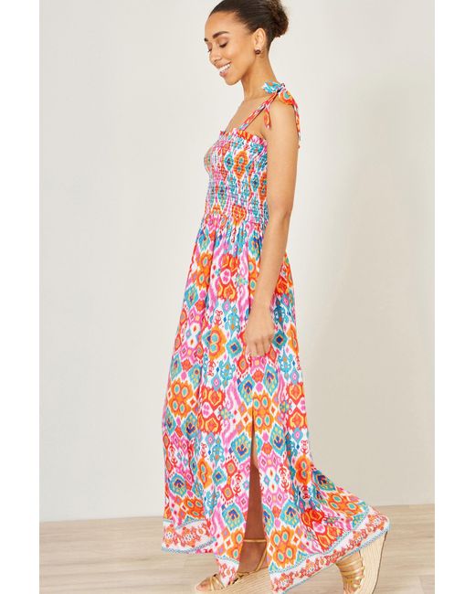Yumi' Red Multicolour Ikat Print Maxi Viscose Sun Dress