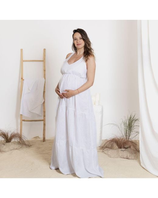 Nikka Place White Linen Maxi Summer Maternity Dress With Tie
