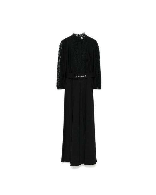 Nissa Black Lace-Insert Viscose Midi Dress