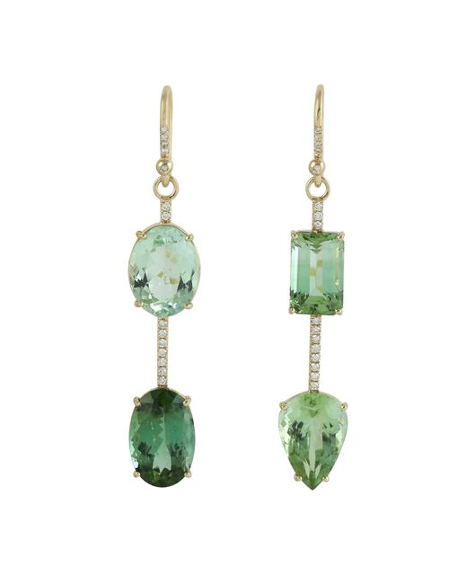 Artisan 18k Solid Gold In Multi Shape Green Tourmaline Gemstone & Pave Diamond Dangle Earrings