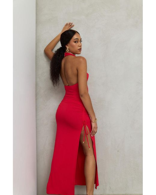 Why Mary Red Venus Cowl Neck Halter Bamboo Jersey Maxi Dress
