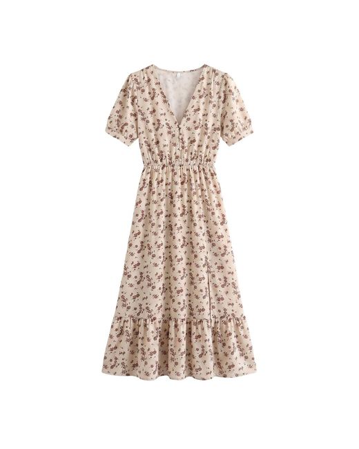 LAtelier London Natural Neutrals Floral V-Neck Midi Tea Dress