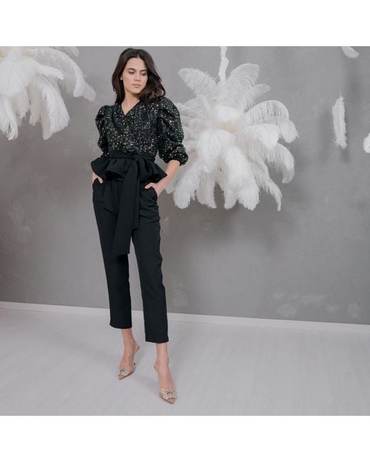 concept A trois Black Sequin Top With Puff Sleeves