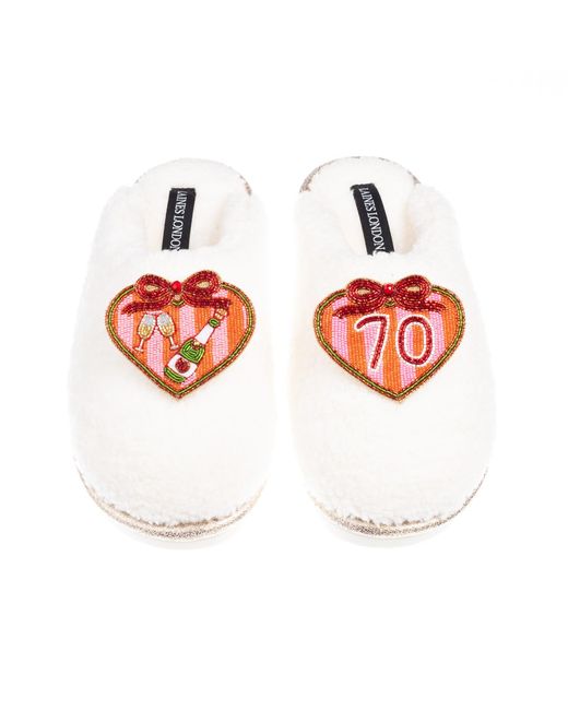Laines London Red Neutrals Teddy Closed Toe Slippers With 70Th Stripe Heart Birthday Brooches